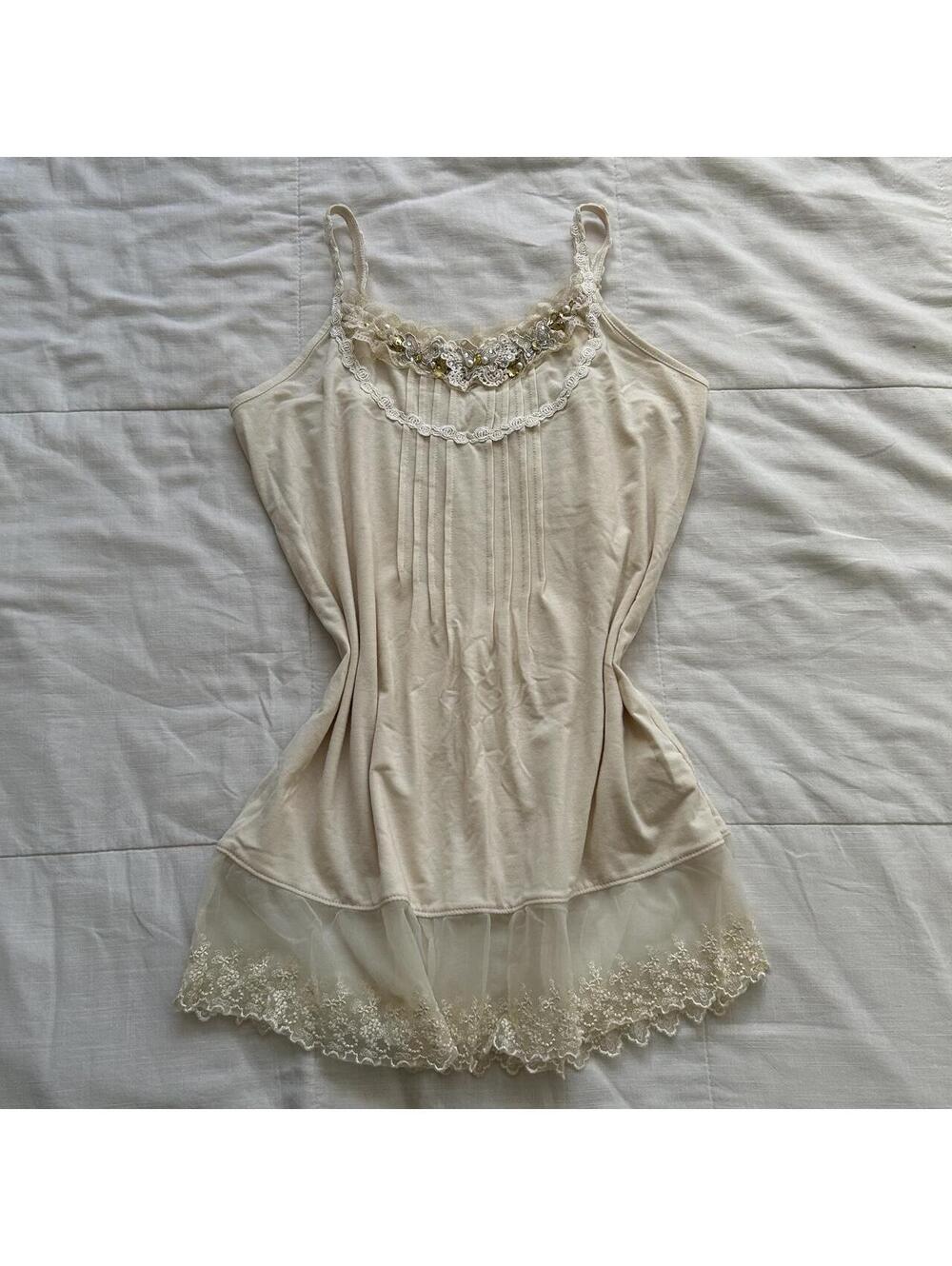 Axes Femme Cream Lace Hem Pintuck Butterfly Camisole Tunic Medium Japan